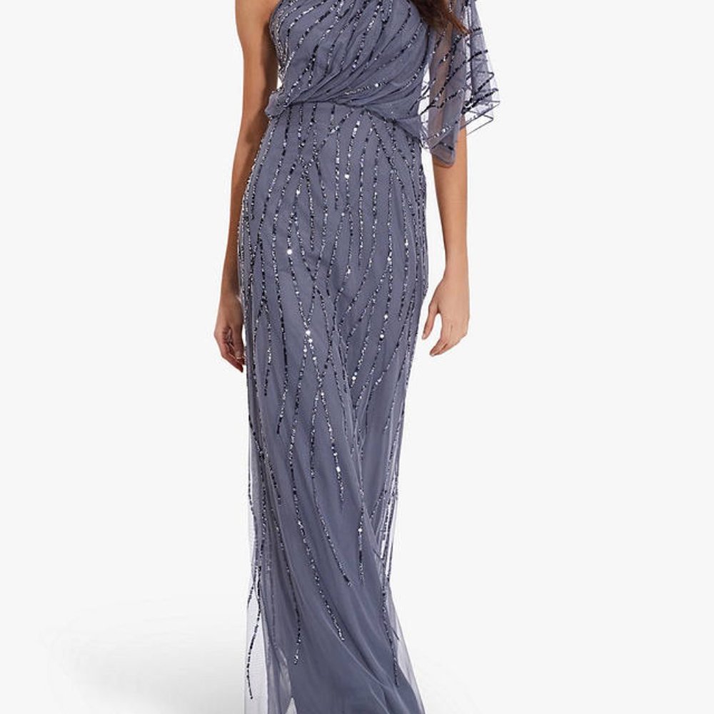 Adrianna Papell Women's Dusty Blue Sequined One Shoulder Gown Dress - 16 NWT